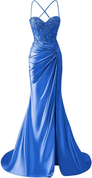 Women's Lace Applique Satin Prom Dress with Slit Mermaid Twist Corset Long Formal Gown