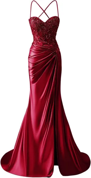 Women's Lace Applique Satin Prom Dress with Slit Mermaid Twist Corset Long Formal Gown