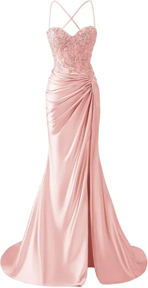 Women's Lace Applique Satin Prom Dress with Slit Mermaid Twist Corset Long Formal Gown