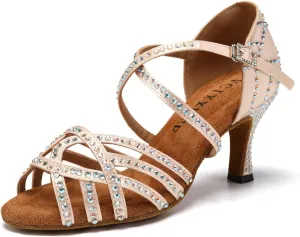 Women's Latin Dance Shoes Rhinestones Professional Ballroom Salsa Dance Shoes Suede Sole