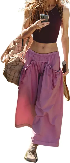 Women's Loose Wide Leg Track Pants Step by Step Pants Summer Wide Leg Lounge Casual Pant with Big Ruched Pockets