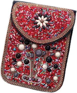 Women's Mobile Phone Bag, Cellphone Pouch, Retro Beads Shoulder Bag, Handcrafted Embellished Clutch Purse, Beaded Design