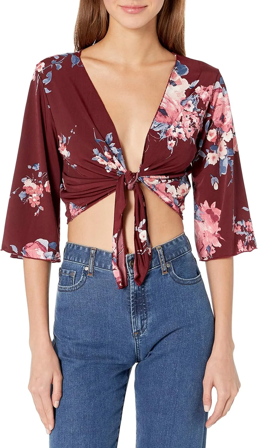 Women's Petite Tie Front Elbow Sleeve Cardigan