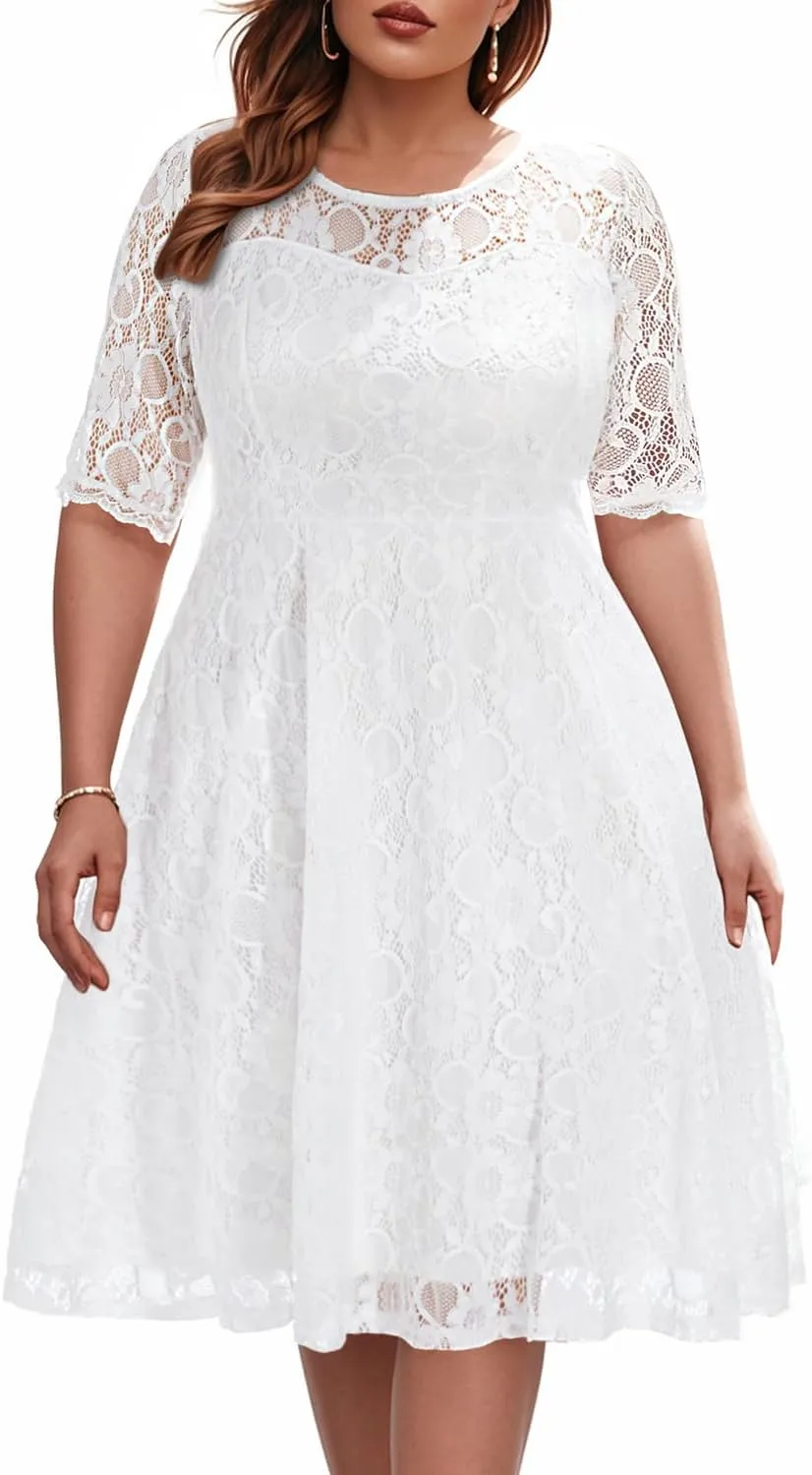 Women's Plus Size Wedding Guest Bridal Shower Semi Formal Cocktail Party Lace V Neck Midi Dress