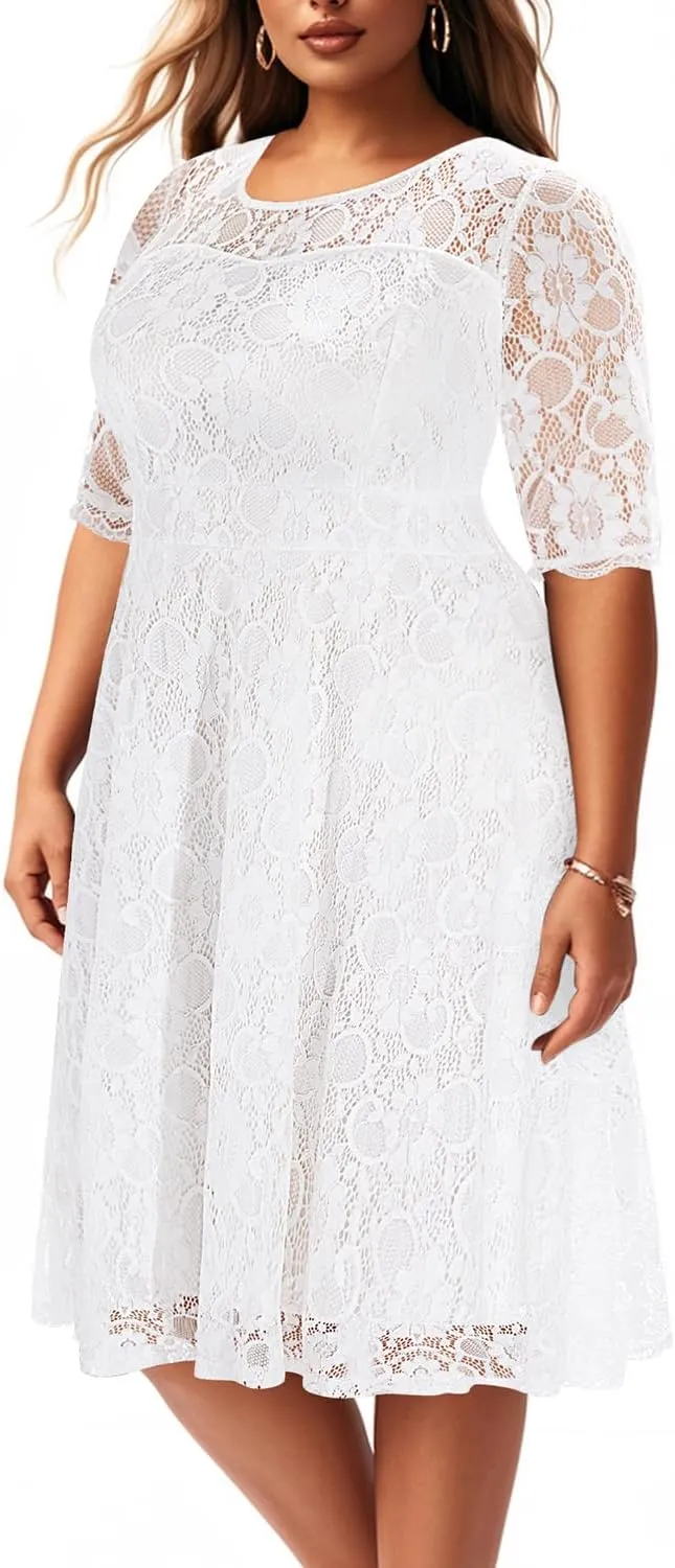 Women's Plus Size Wedding Guest Bridal Shower Semi Formal Cocktail Party Lace V Neck Midi Dress
