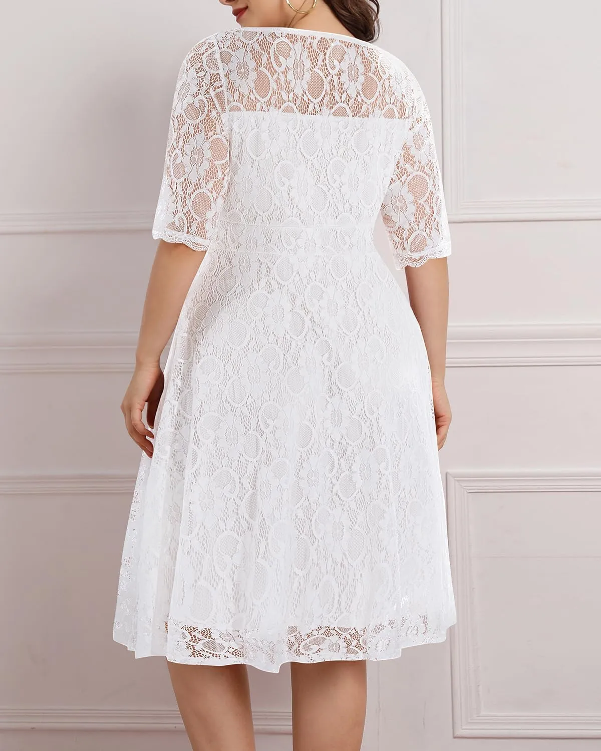 Women's Plus Size Wedding Guest Bridal Shower Semi Formal Cocktail Party Lace V Neck Midi Dress