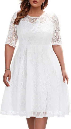 Women's Plus Size Wedding Guest Bridal Shower Semi Formal Cocktail Party Lace V Neck Midi Dress