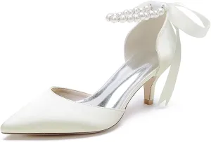 Women's Pointed Toe Kitten Heels Satin Bridal Pumps Ankle Strap Pearls Stilettos Wedding Prom Party Dress Shoes
