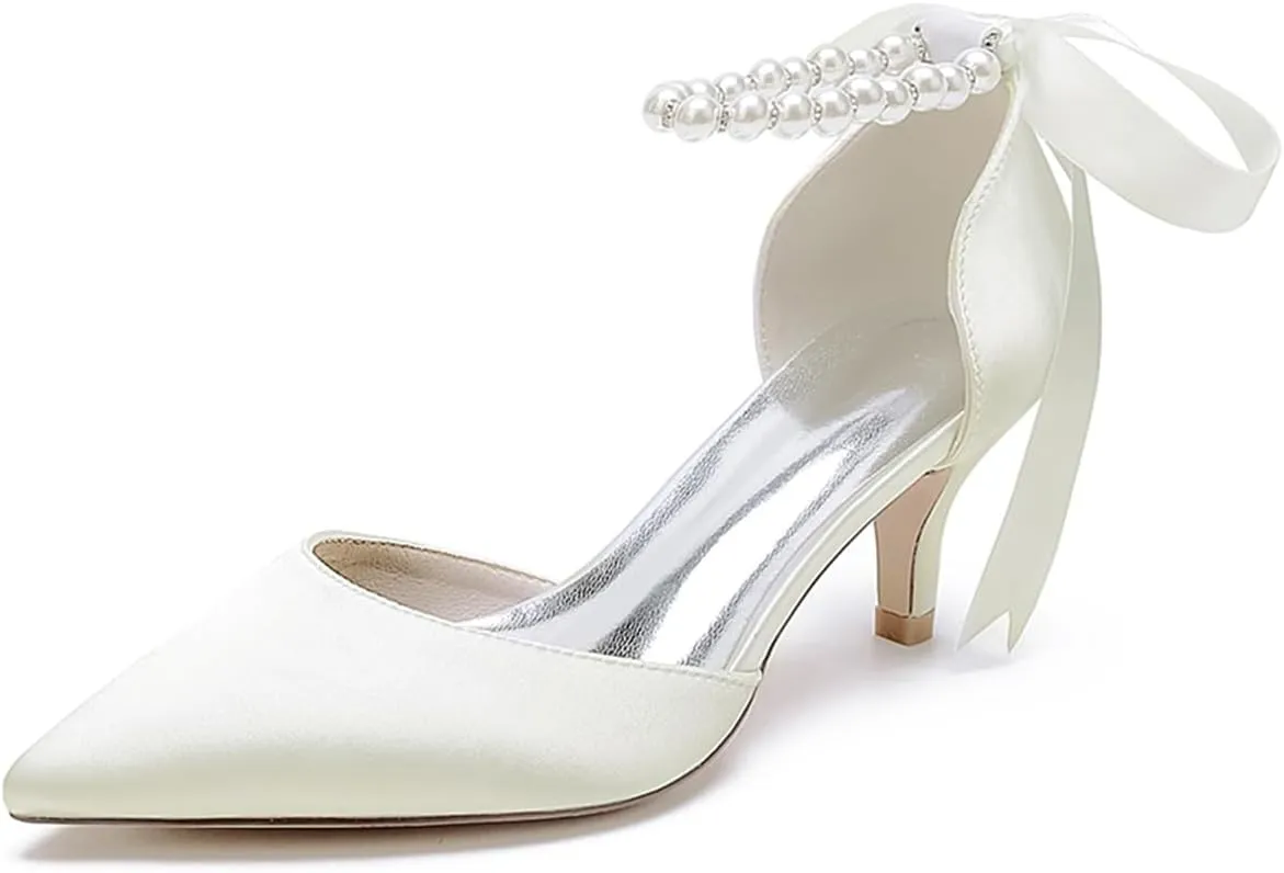 Women's Pointed Toe Kitten Heels Satin Bridal Pumps Ankle Strap Pearls Stilettos Wedding Prom Party Dress Shoes