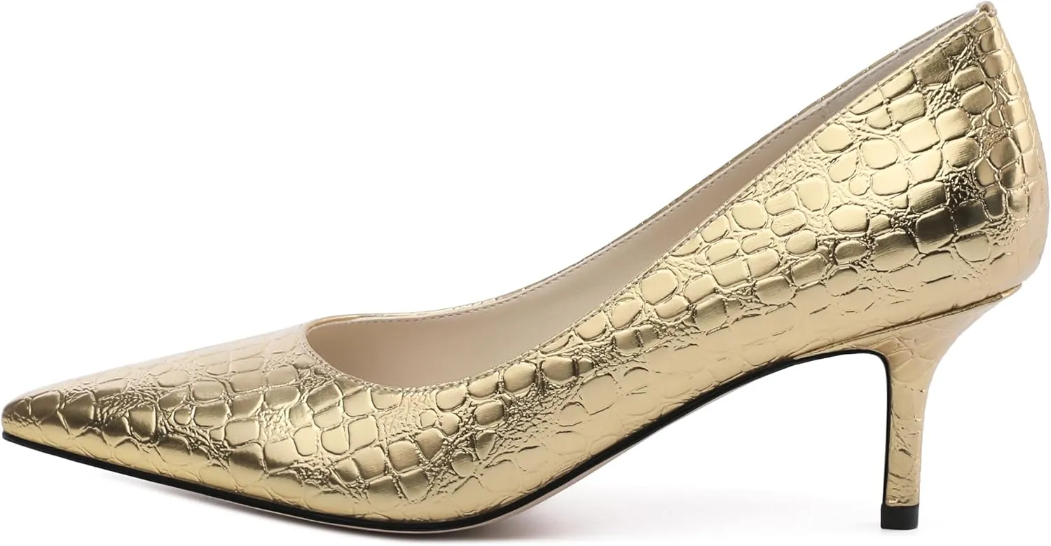 Women's Pumps, Pointed Closed Toe Black Gold Kitten Heels for Women, Comfortable 2 Inch Mid Heel Women's Dress Shoes