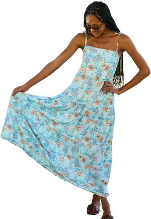 Women's Resort Dress, Organic Rayon Maxi Dress, Smocked Back, Adjustable Tie Straps, and Flowy Tiered Bottom