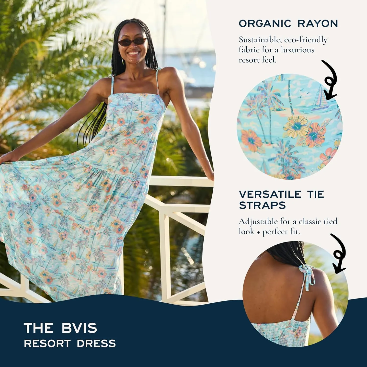 Women's Resort Dress, Organic Rayon Maxi Dress, Smocked Back, Adjustable Tie Straps, and Flowy Tiered Bottom