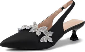 Women's Rhinestone Butterfly Slingback Kitten Heels – Pointed Toe Dress Shoes for Wedding Guest, Cocktail Party, Prom, Evening or Formal Events – Elegant Slip-On Low Heels for Women
