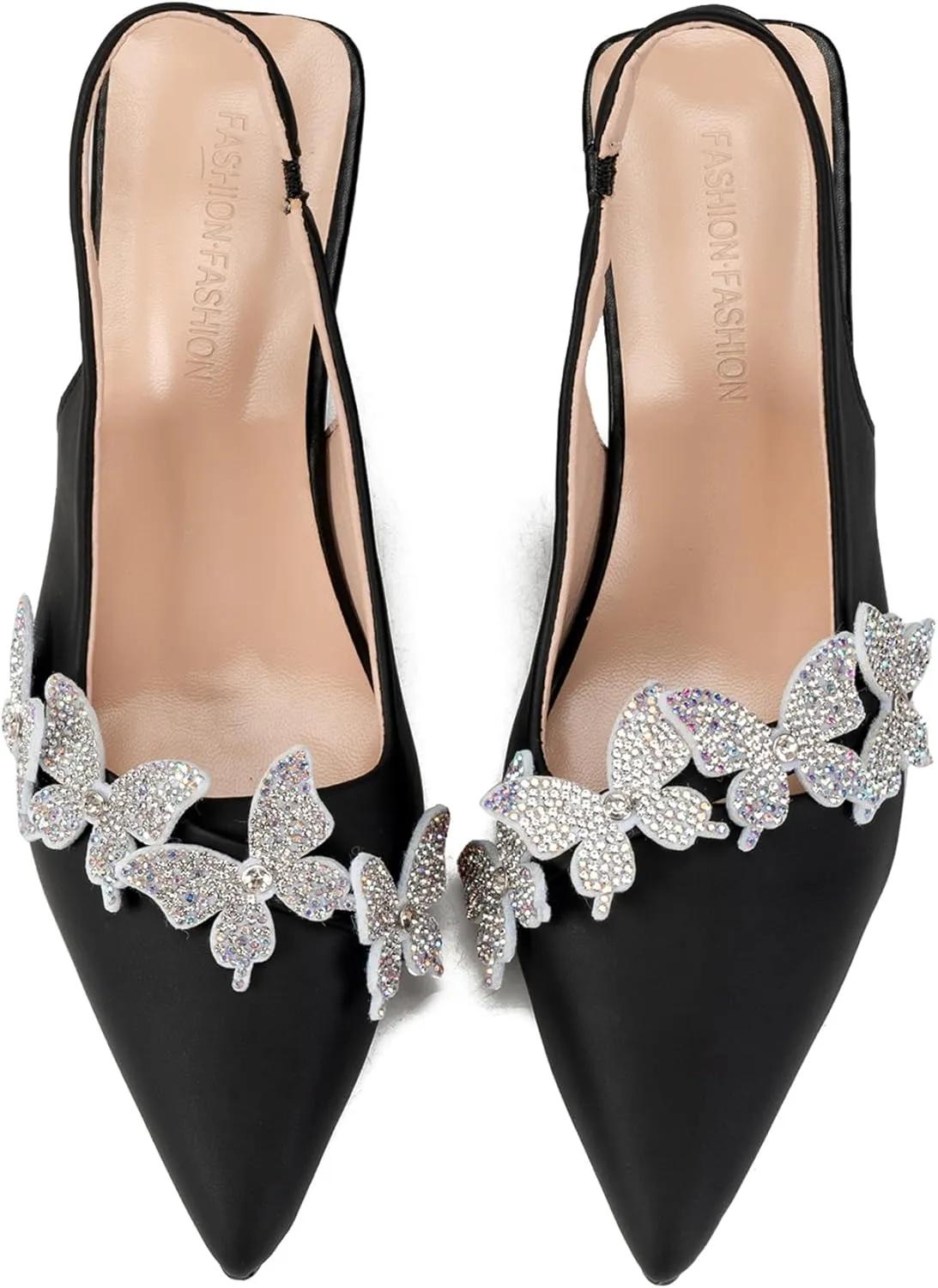 Women's Rhinestone Butterfly Slingback Kitten Heels – Pointed Toe Dress Shoes for Wedding Guest, Cocktail Party, Prom, Evening or Formal Events – Elegant Slip-On Low Heels for Women