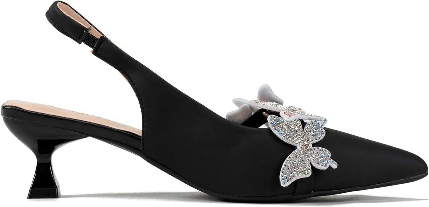 Women's Rhinestone Butterfly Slingback Kitten Heels – Pointed Toe Dress Shoes for Wedding Guest, Cocktail Party, Prom, Evening or Formal Events – Elegant Slip-On Low Heels for Women