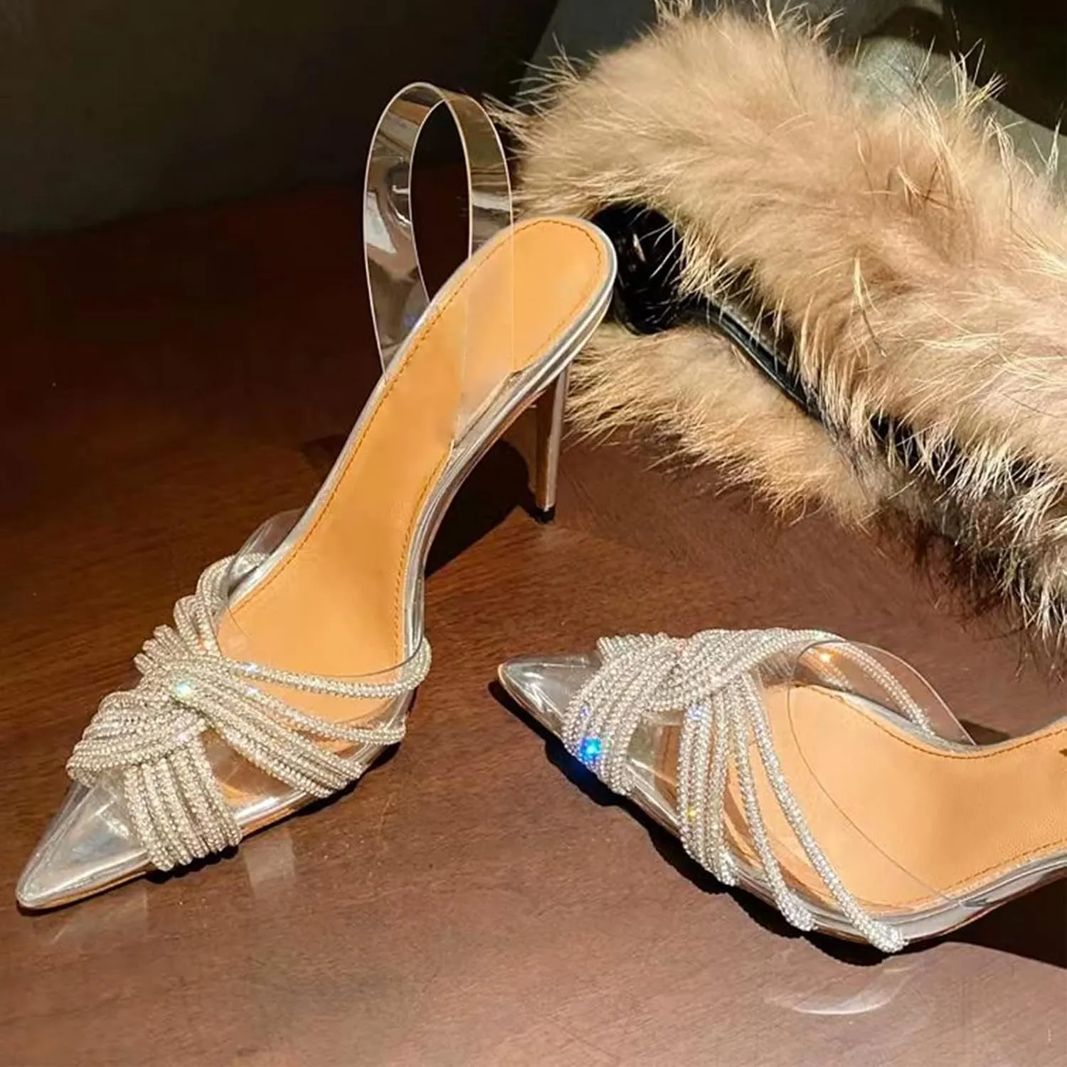 Women's Rhinestone Clear Heels Pointed Toe Stiletto High Heel Sandals