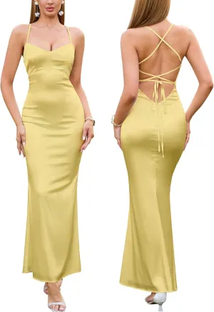 Women's Satin Bodycon Maxi Dress Spaghetti Strap Sexy Backless Sweetheart Neck Formal Wedding Guest Party Dresses