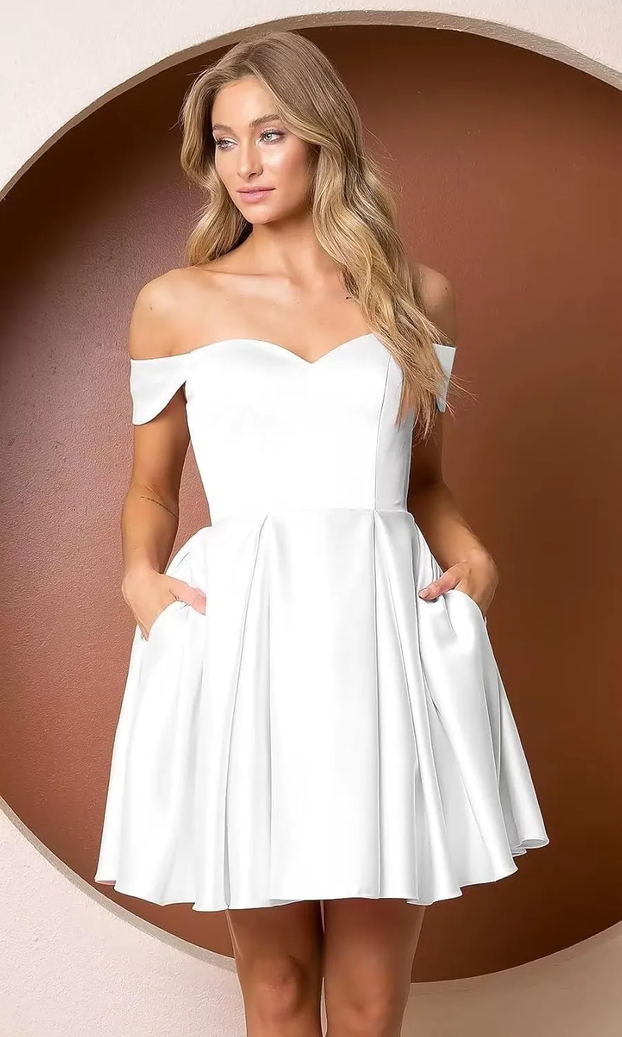 Women’s Satin Short Off Shoulder Homecoming Dresses A-Line Sweetheart Cocktail Prom Dress with Pockets