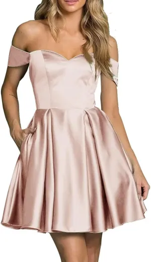 Women’s Satin Short Off Shoulder Homecoming Dresses A-Line Sweetheart Cocktail Prom Dress with Pockets
