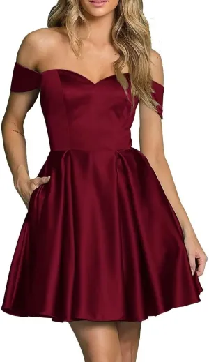 Women’s Satin Short Off Shoulder Homecoming Dresses A-Line Sweetheart Cocktail Prom Dress with Pockets