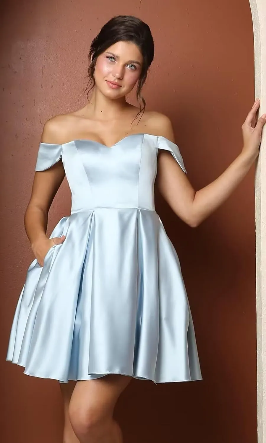 Women’s Satin Short Off Shoulder Homecoming Dresses A-Line Sweetheart Cocktail Prom Dress with Pockets