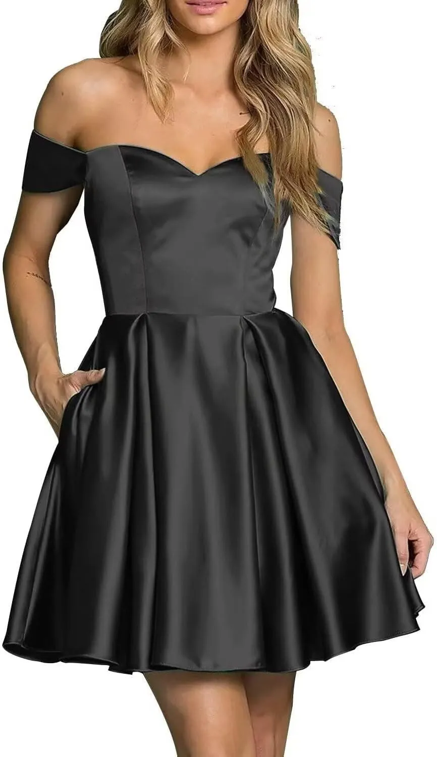Women’s Satin Short Off Shoulder Homecoming Dresses A-Line Sweetheart Cocktail Prom Dress with Pockets