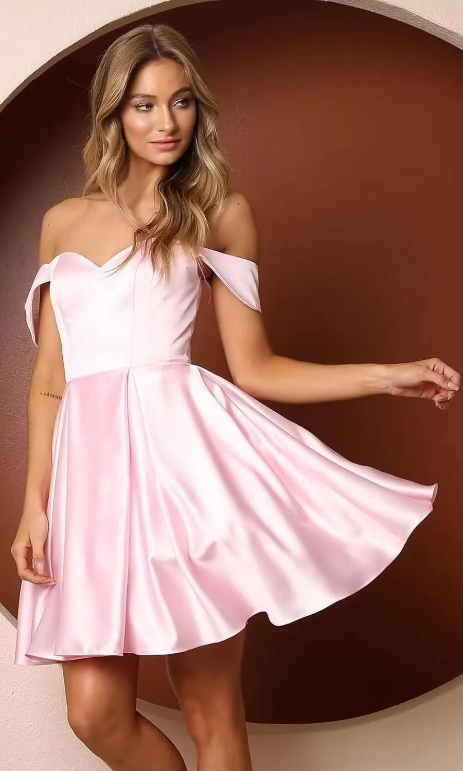 Women’s Satin Short Off Shoulder Homecoming Dresses A-Line Sweetheart Cocktail Prom Dress with Pockets