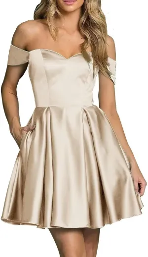 Women’s Satin Short Off Shoulder Homecoming Dresses A-Line Sweetheart Cocktail Prom Dress with Pockets