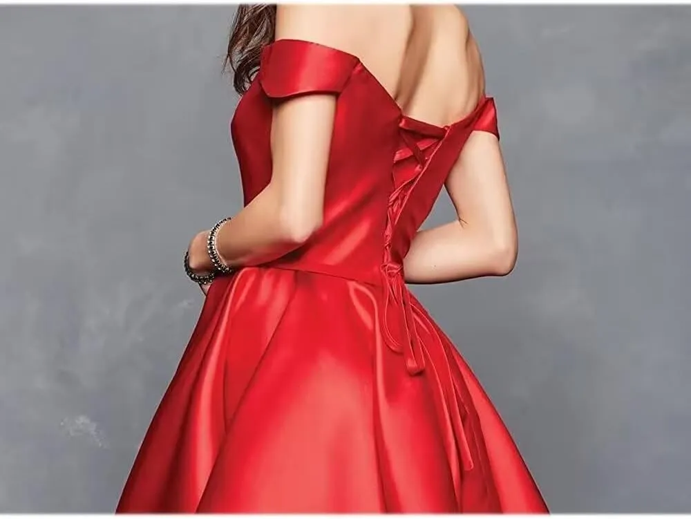 Women’s Satin Short Off Shoulder Homecoming Dresses A-Line Sweetheart Cocktail Prom Dress with Pockets