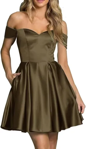 Women’s Satin Short Off Shoulder Homecoming Dresses A-Line Sweetheart Cocktail Prom Dress with Pockets