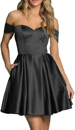Women’s Satin Short Off Shoulder Homecoming Dresses A-Line Sweetheart Cocktail Prom Dress with Pockets