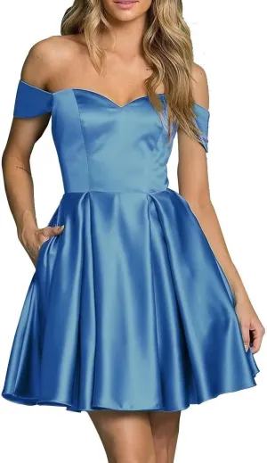 Women’s Satin Short Off Shoulder Homecoming Dresses A-Line Sweetheart Cocktail Prom Dress with Pockets