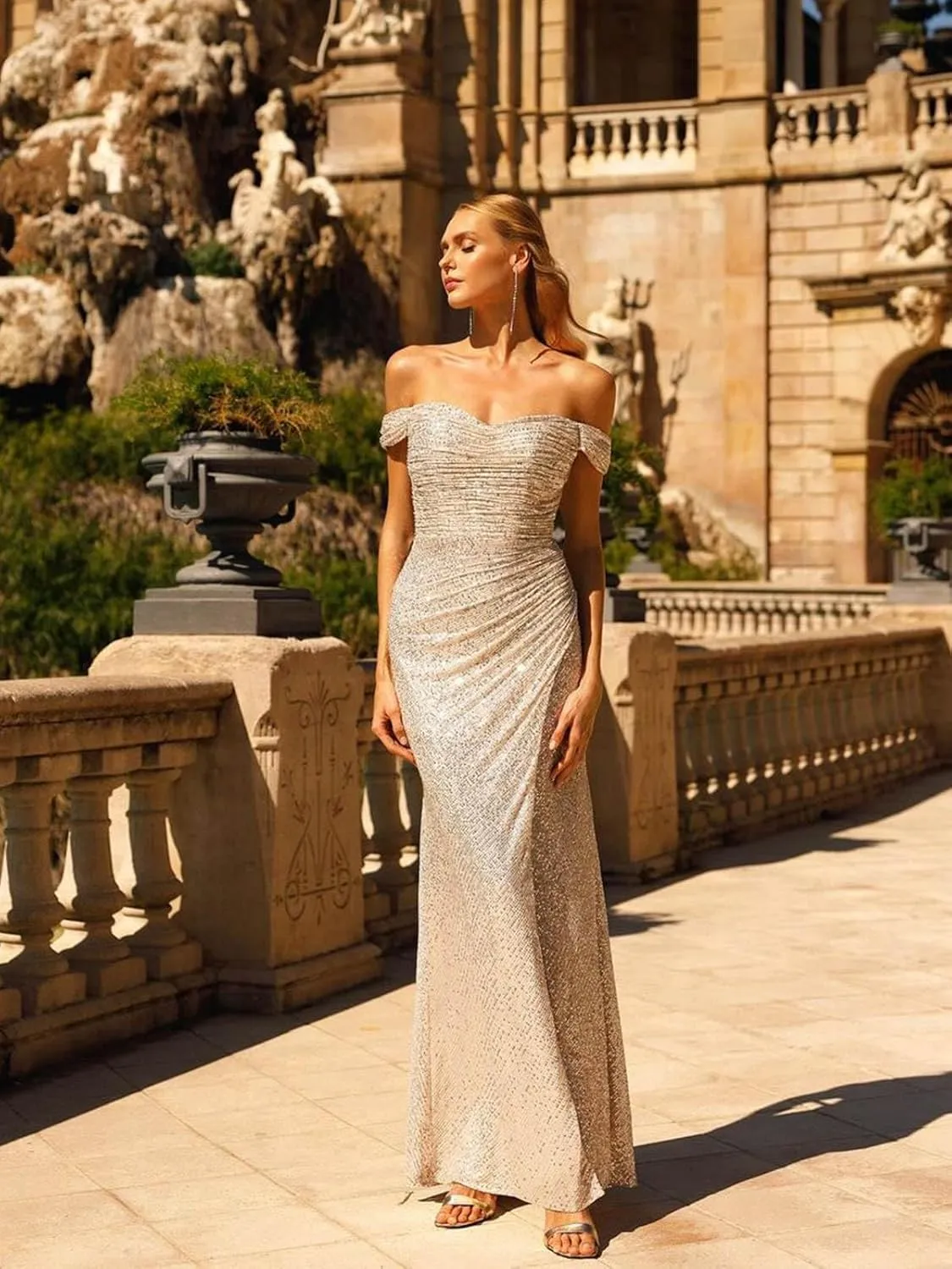 Women's Sequin Prom Dresses with Slit Mermaid Long Ball Gown Ruched Sparkly Formal Evening Gown