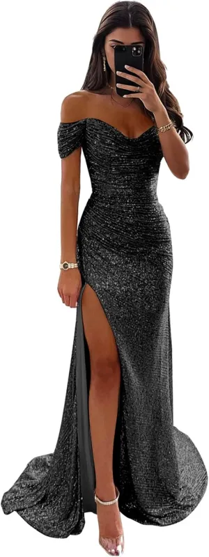 Women's Sequin Prom Dresses with Slit Mermaid Long Ball Gown Ruched Sparkly Formal Evening Gown
