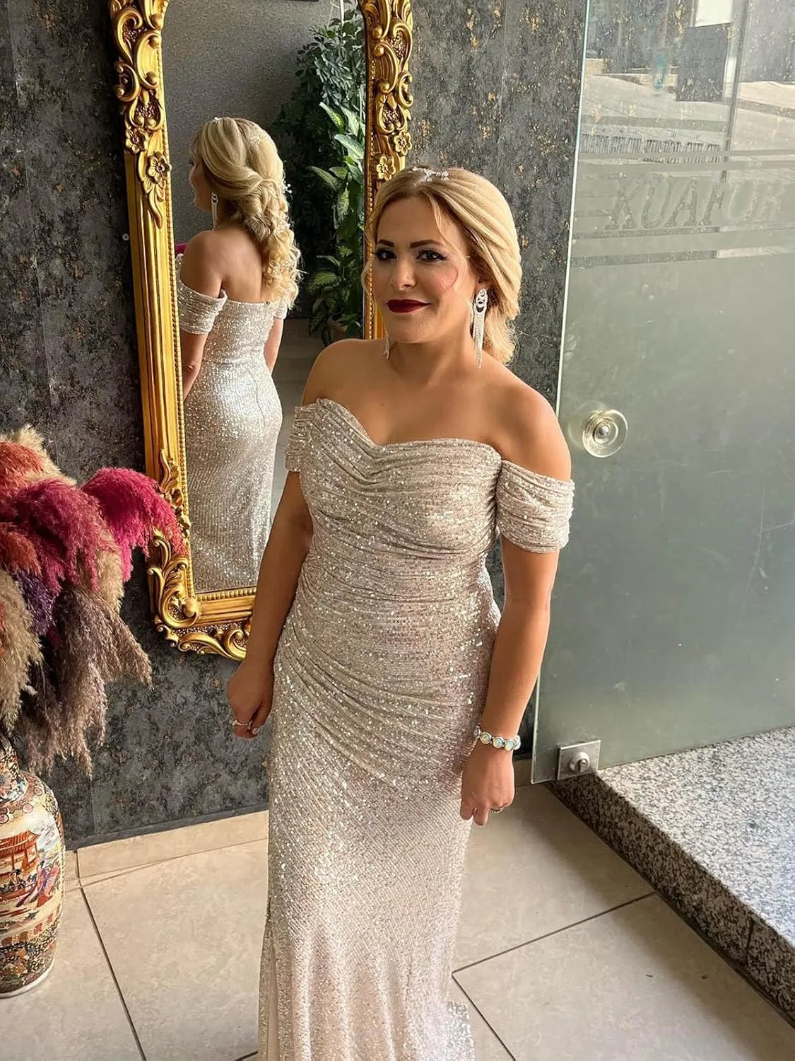 Women's Sequin Prom Dresses with Slit Mermaid Long Ball Gown Ruched Sparkly Formal Evening Gown