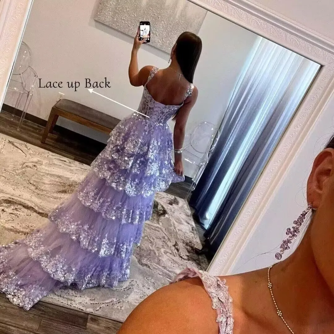 Womens Sparkly Tiered Lace Tulle Prom Dresses 2025 Long Spaghetti Straps Formal Evening Gown with Slit