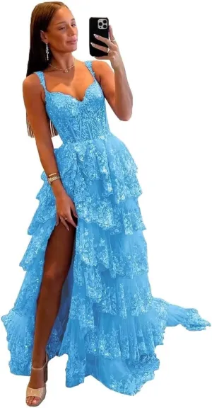 Womens Sparkly Tiered Lace Tulle Prom Dresses 2025 Long Spaghetti Straps Formal Evening Gown with Slit