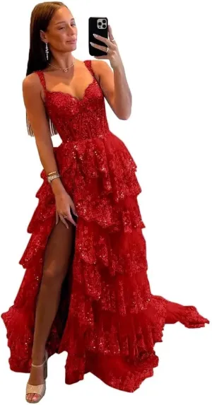 Womens Sparkly Tiered Lace Tulle Prom Dresses 2025 Long Spaghetti Straps Formal Evening Gown with Slit
