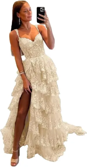 Womens Sparkly Tiered Lace Tulle Prom Dresses 2025 Long Spaghetti Straps Formal Evening Gown with Slit