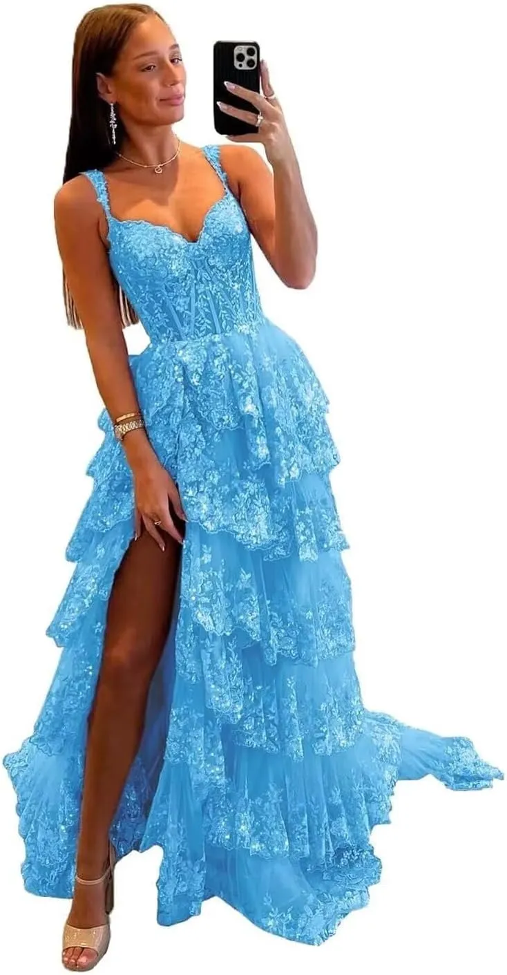 Womens Sparkly Tiered Lace Tulle Prom Dresses 2025 Long Spaghetti Straps Formal Evening Gown with Slit