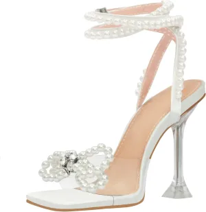Women's Square Toe Clear Heels Sexy Rhinestone Bow Heels Open Toe Ankle Strap Stiletto High Heel Sandals