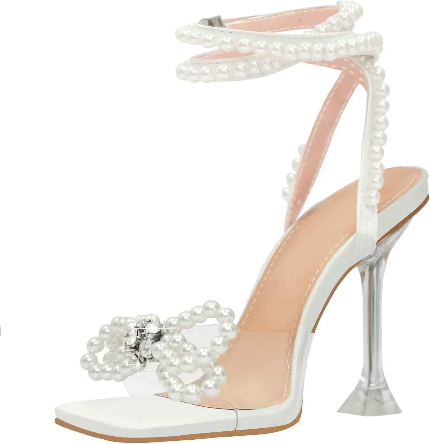 Women's Square Toe Clear Heels Sexy Rhinestone Bow Heels Open Toe Ankle Strap Stiletto High Heel Sandals