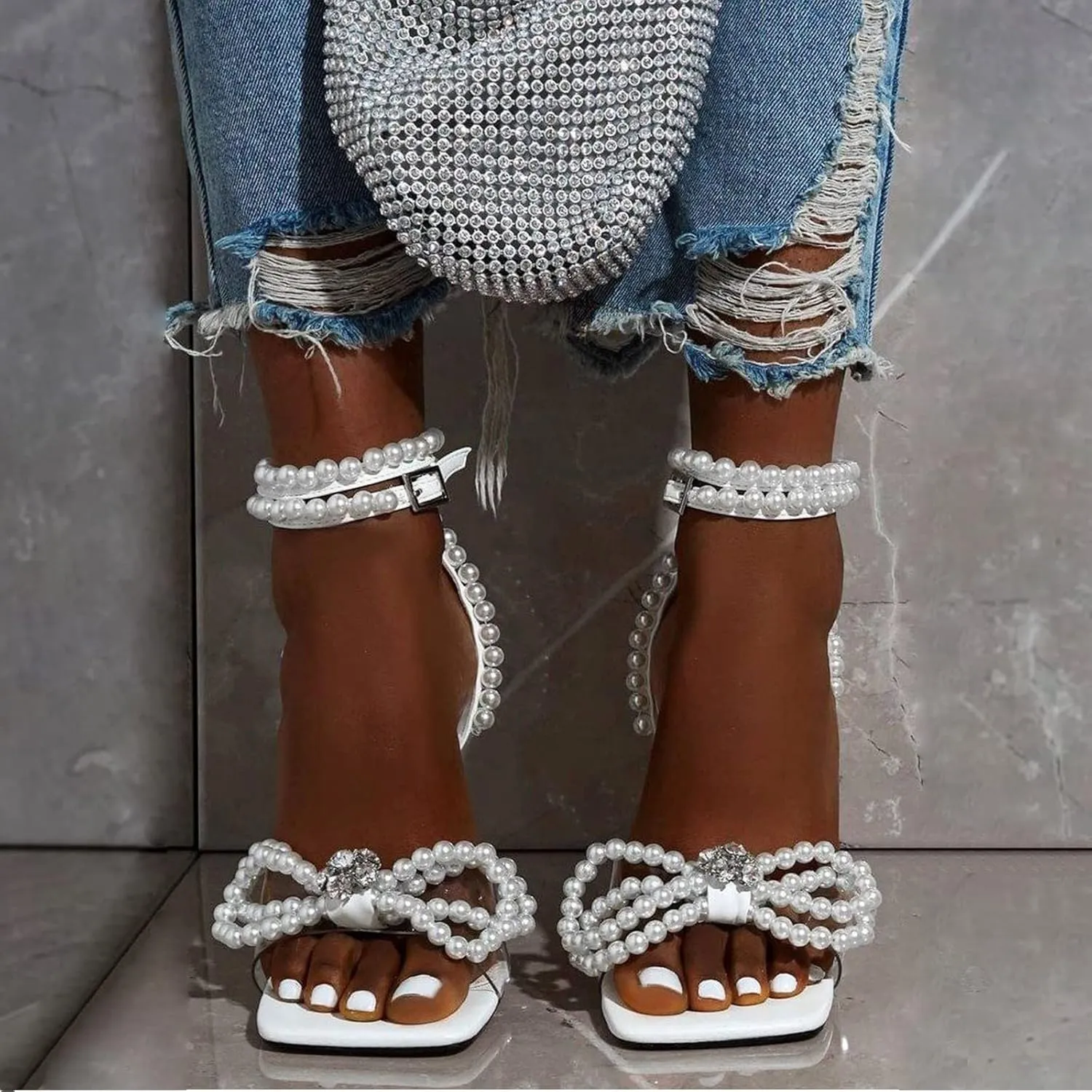 Women's Square Toe Clear Heels Sexy Rhinestone Bow Heels Open Toe Ankle Strap Stiletto High Heel Sandals