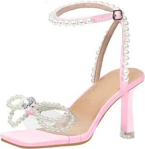 Women's Square Toe Pearl Bow Heels Ankle Strap Low Heel Sandals