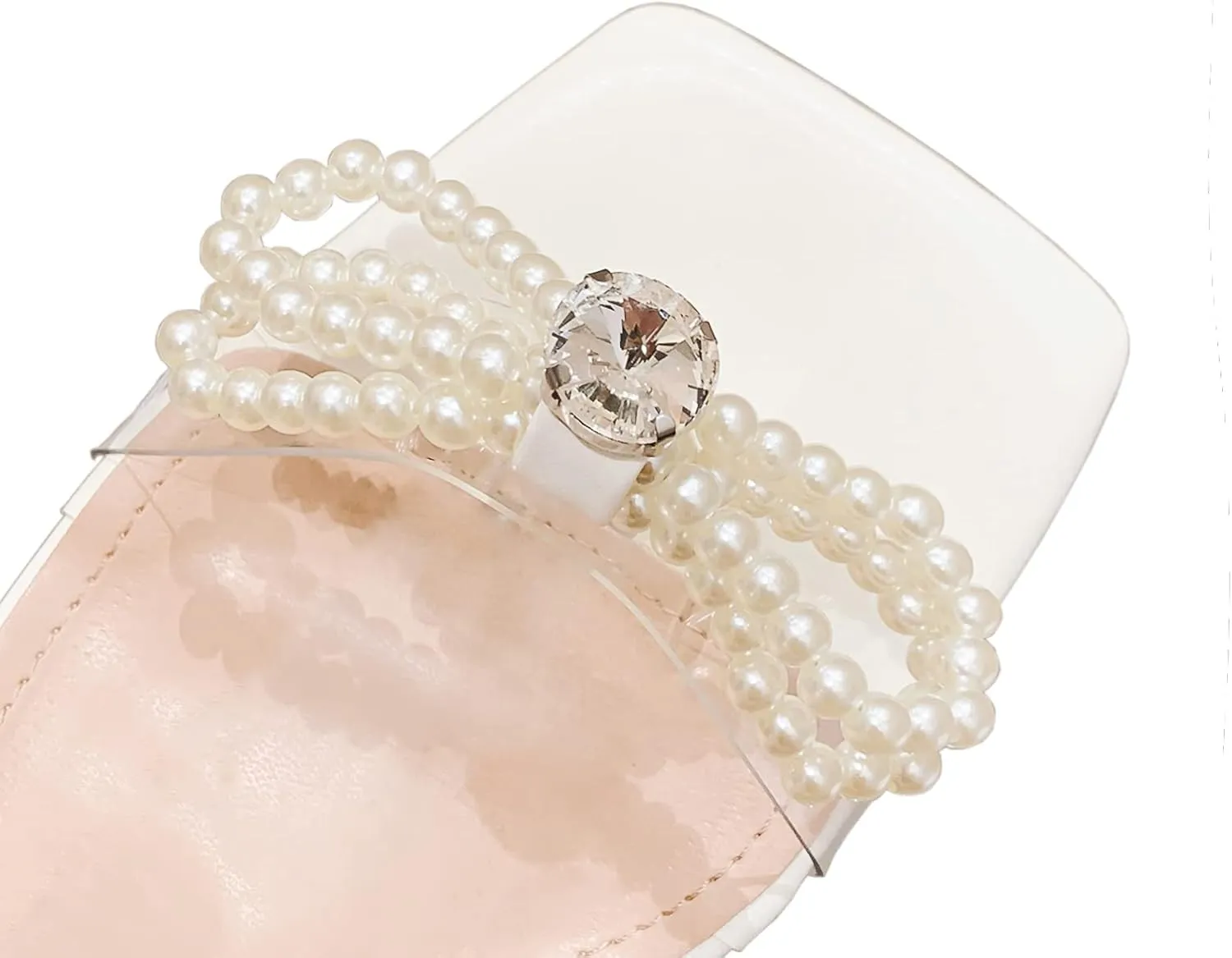 Women's Square Toe Pearl Bow Heels Ankle Strap Low Heel Sandals