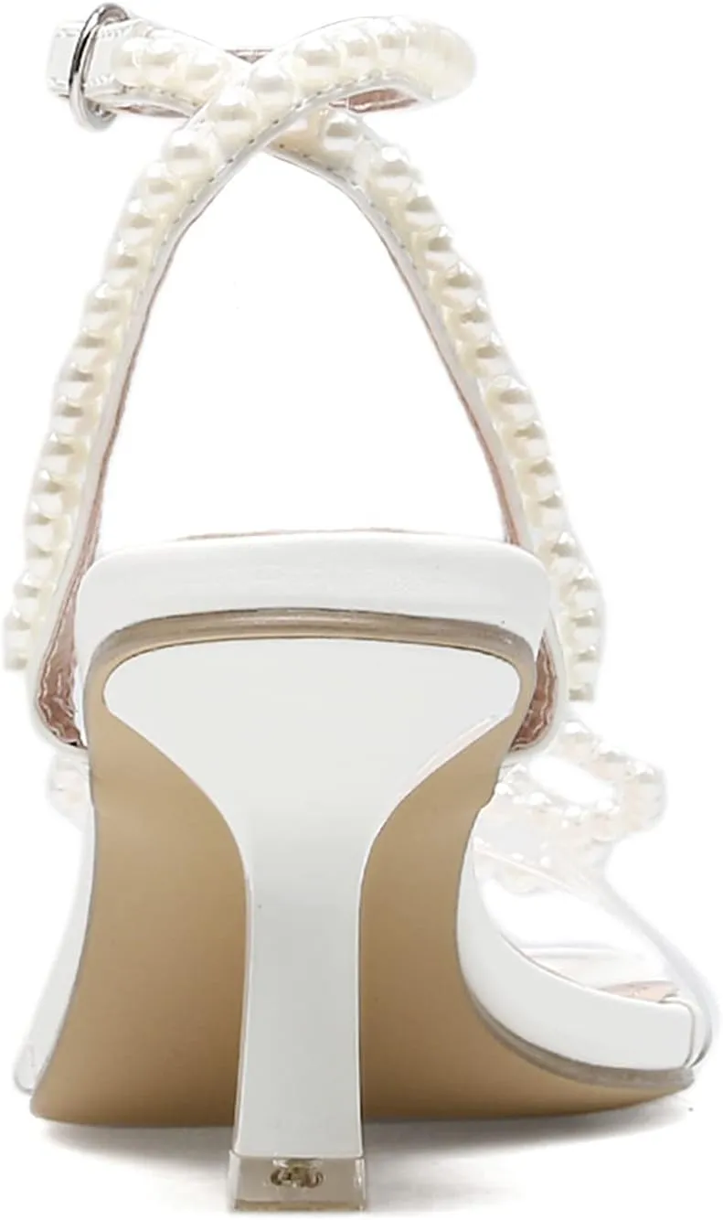 Women's Square Toe Pearl Bow Heels Ankle Strap Low Heel Sandals