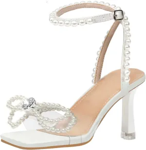 Women's Square Toe Pearl Bow Heels Ankle Strap Low Heel Sandals