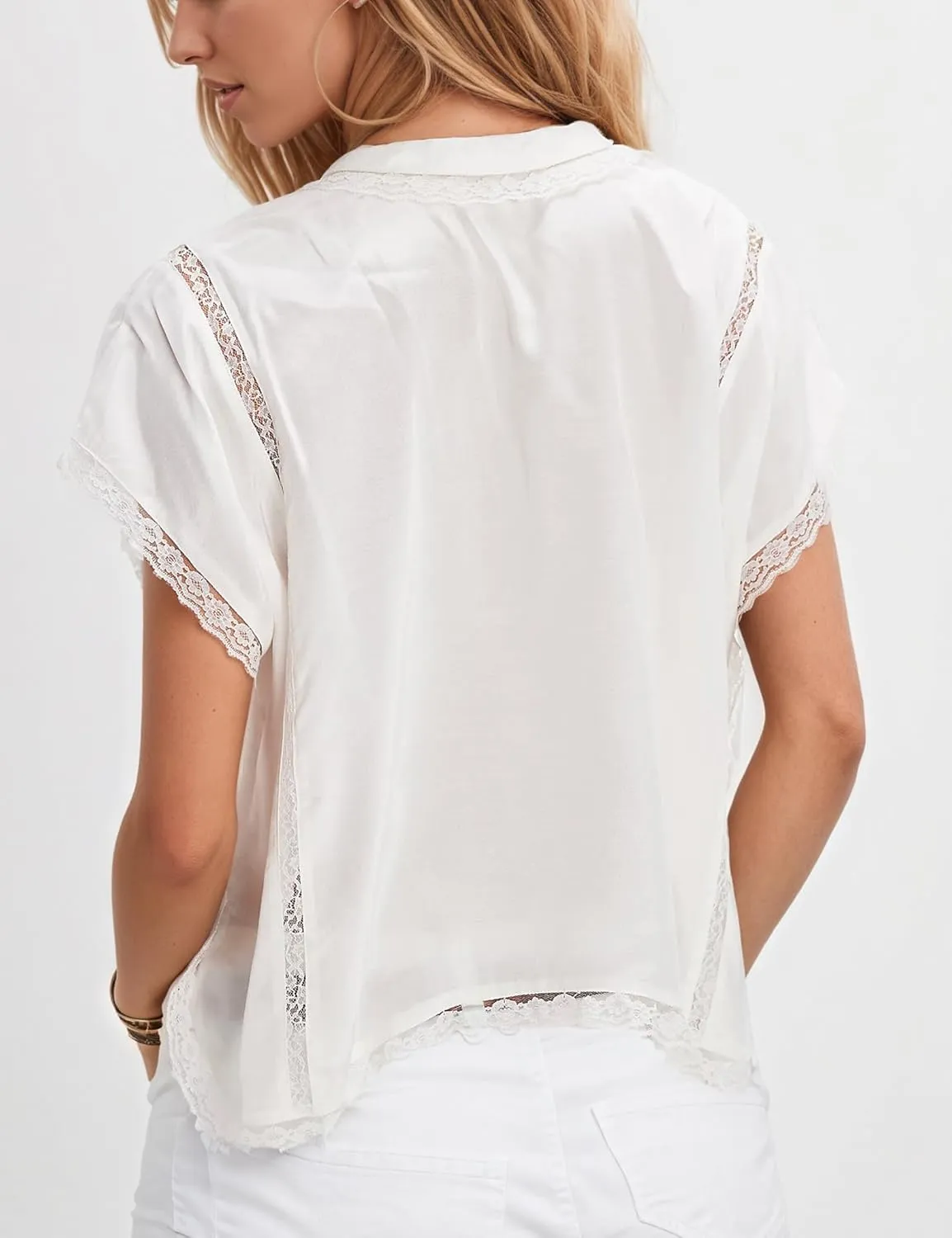 Womens Summer Beach Boho Lace Top Tie Front Shirts Short Sleeve Button Up Chiffon Cardigan Y2k Clothes