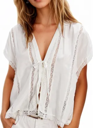Womens Summer Beach Boho Lace Top Tie Front Shirts Short Sleeve Button Up Chiffon Cardigan Y2k Clothes