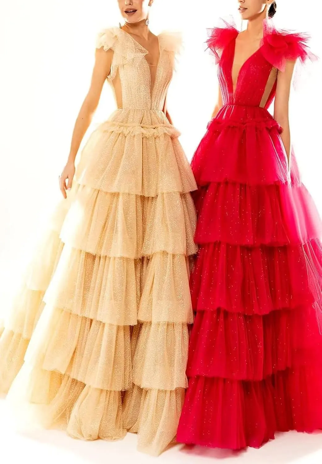 Women's Tulle Prom Dresses V Neck Ruffled Formal Evening Party Gowns Long Backless Ball Gowns A-Line